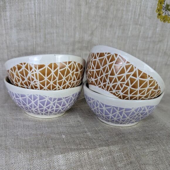 Creative Co-Op Patterned Stoneware Bowls Purple and Brown Set of 4 - Picture 1 of 6